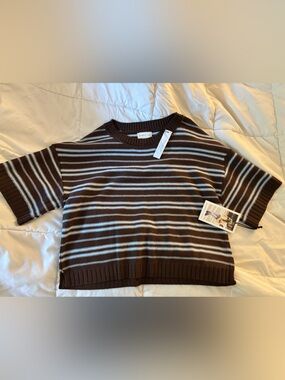 Sincerely Jules Brown & Cream Striped Short-Sleeve Crewneck Sweater
